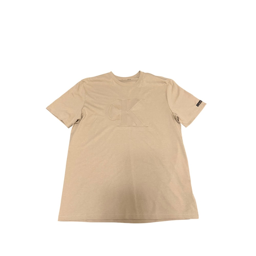 968. Calvin Klein Men's Tan T-Shirt Size Medium Casual Short Sleeve Crewneck Tee
